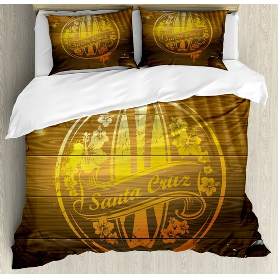 Ambesonne Summer Duvet Cover Sets, Flowers Riding Waves, 2-King, Brown Yellow Orange