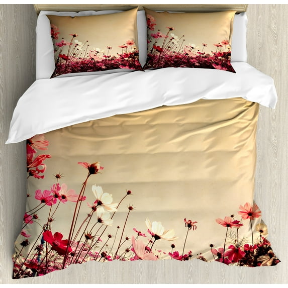 Ambesonne Summer Duvet Cover Sets, Garden Flowers Poppies, 2-King, Pale Pink Khaki and Pink