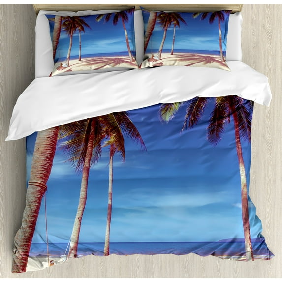 Ambesonne Summer Duvet Cover Sets, Ocean Palms Warm Beach, 2-King, Navy Cream Green