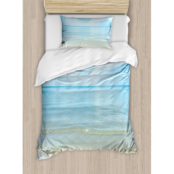 Ambesonne Summer Duvet Cover Sets, Sea Horizon Shore Beach, 2-Twin, Blue Cream