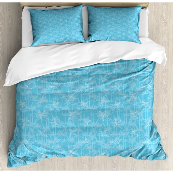 Ambesonne Summer Duvet Cover Sets, Starfish Exotic Palm Trees, 2-King, Pale Azure Blue