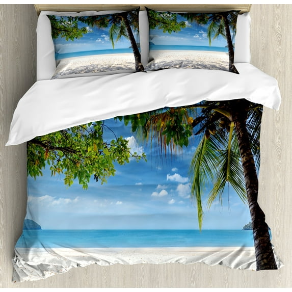 Ambesonne Summer Duvet Cover Sets, Tropical Beach Ocean, 2-King, Fern Green Sky Blue