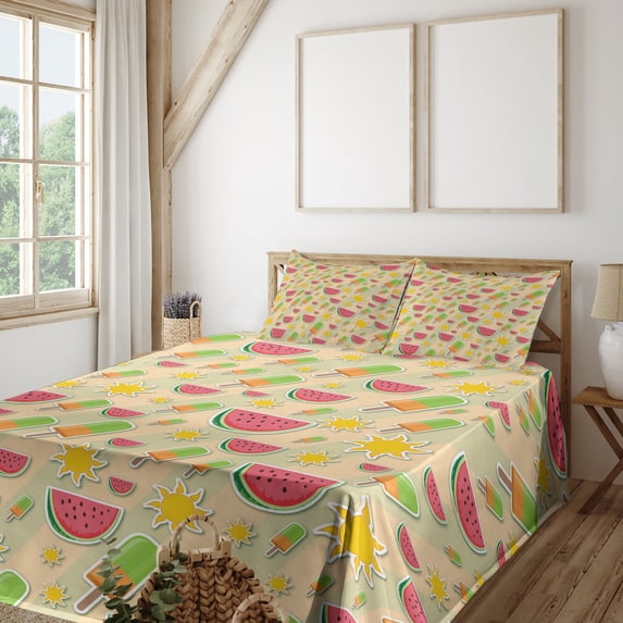 Ambesonne Summer Emoji Fitted & Top Sheet Set with Sham, Sunny Watermelon Art, Lime Green Mustard