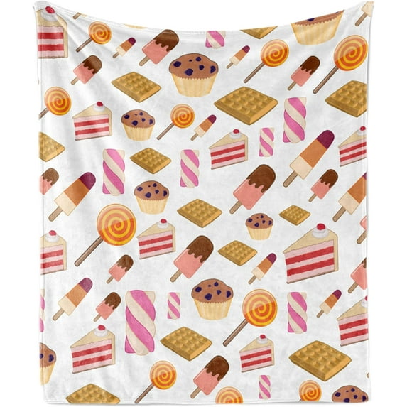 Ambesonne Summer Emoji Throw Blanket, Ice Cream and Watermelon Pattern with Sun Ornaments on Striped Back, Flannel Fleece Accent Piece Soft Couch Cover for Adults, , Lime Green Mustard