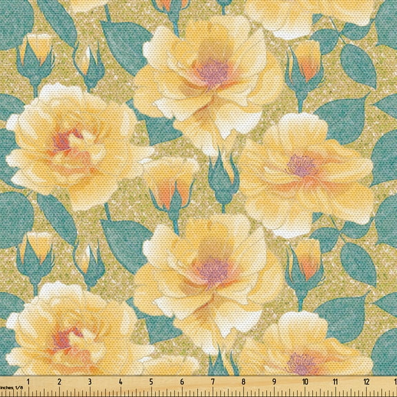 Ambesonne Summer Fabric by the Yard Upholstery, Flora Yellow Roses Pattern, 1 Yard, Pastel Brown and Pale Teal