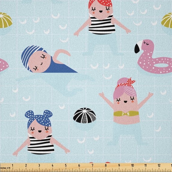 Ambesonne Summer Fabric by the Yard Microfiber, Girls in Swimming Pool Art, 5 Yards, Pale Blue Multicolor