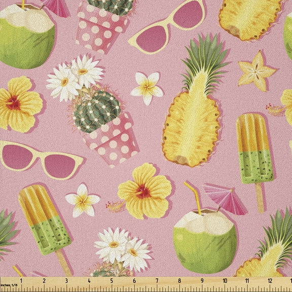 Ambesonne Summer Fabric by the Yard Microfiber, Popsicle Pineapple Cactus, 1 Yard, Pale Pink Mustard Green