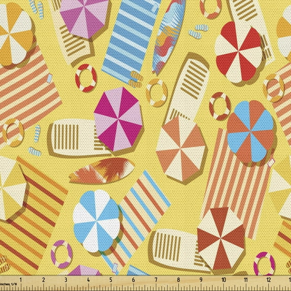 Ambesonne Summer Fabric by the Yard Upholstery, Beach Theme Parasols Towels, 2 Yards, Multicolor