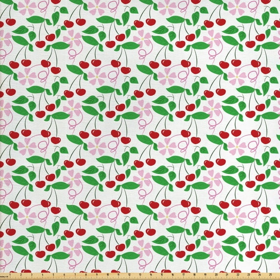 Ambesonne Summer Fabric by the Yard Upholstery, Cherries and Flowers, 3 Yards, Multicolor