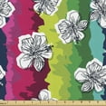 thumbnail image 1 of Ambesonne Summer Fabric by the Yard Upholstery, Hibiscus on Colorful Stripes, 1 Yard, Multicolor, 1 of 5