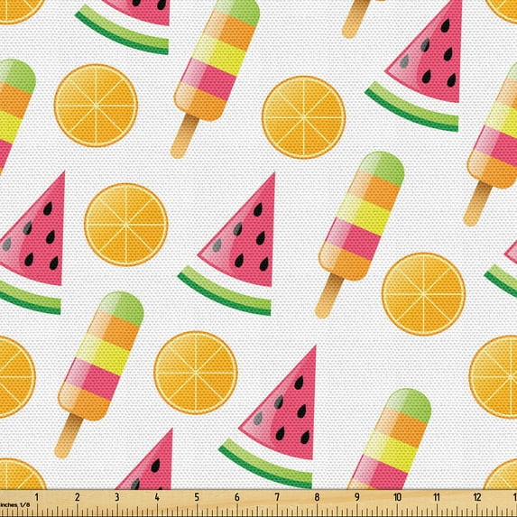 Ambesonne Summer Fabric by the Yard Upholstery, Ice Creams Watermelon Citrus, 5 Yards, Pastel Pink Pale Orange