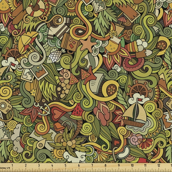 Ambesonne Summer Fabric by the Yard Upholstery, Marine and Floral Motifs, 5 Yards, Dark Cocoa and Multicolor