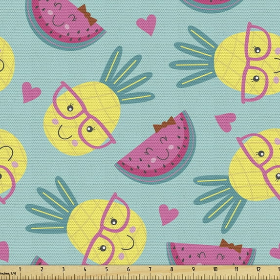 Ambesonne Summer Fabric by the Yard Upholstery, Nerdy Pineapples Smiling, 10 Yards, Pink Mustard Turquoise