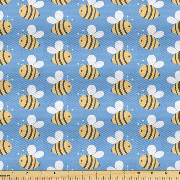 Ambesonne Summer Fabric by the Yard Upholstery, Pastel Bees Flying Cartoon, 10 Yards, Sand Brown and Blue