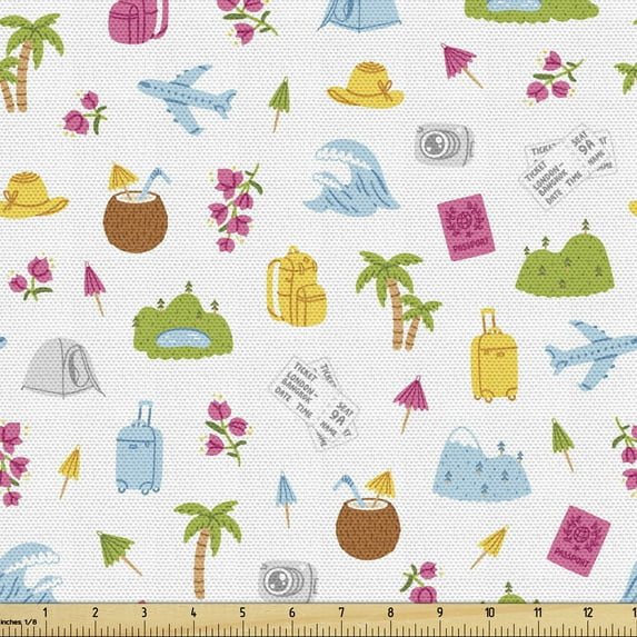 Ambesonne Summer Fabric by the Yard Upholstery, Travel Theme Camping Tent, 3 Yards, Multicolor