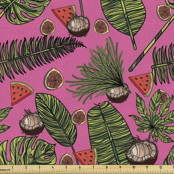 Ambesonne Summer Fabric by the Yard Upholstery, Tropical Leaves and Coconut, 5 Yards, Pink and Multicolor