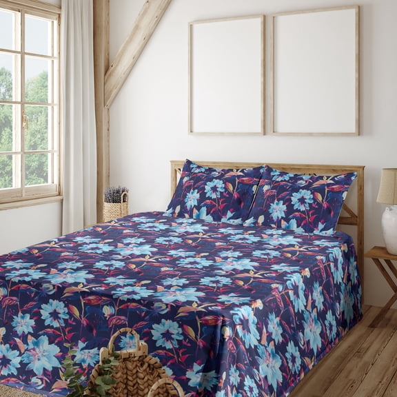 Ambesonne Summer Fitted & Flat Sheet with Shams 4 Pcs Set, Watercolor Aster Flowers, Full, Night Blue and Dark Coral