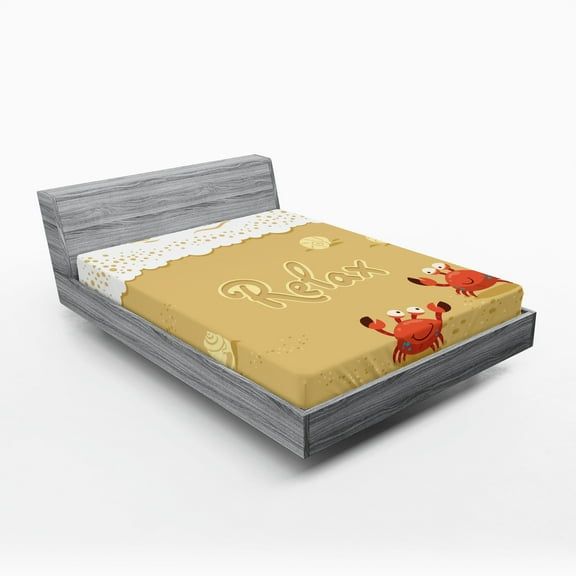 Ambesonne Summer Fitted Sheet, Card with Crabs Sea, Full Size, Sand Brown and White