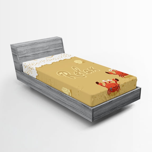 Ambesonne Summer Fitted Sheet, Card with Crabs Sea, Twin Size, Sand Brown and White