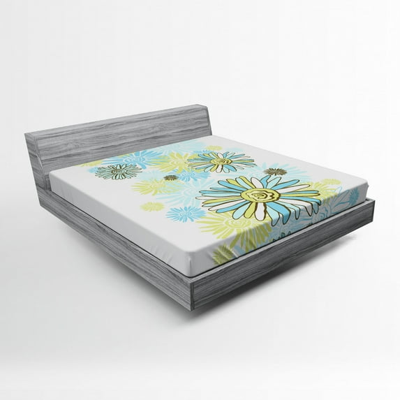 Ambesonne Summer Fitted Sheet, Chamomiles Wild Flower, Full Size, Pale Green Dark Green
