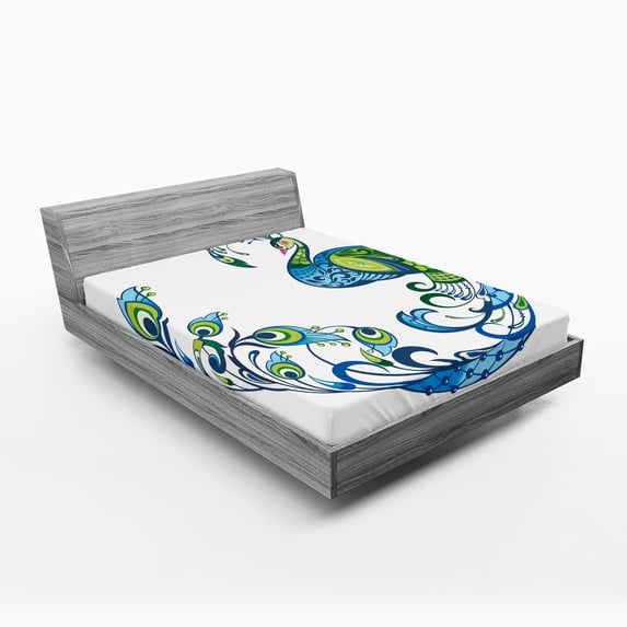 Ambesonne Summer Fitted Sheet, Colorful Peacock Tropic, Queen Size, Blue Green Pink