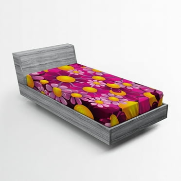 Ambesonne Summer Fitted Sheet, Flourish Flowers Cartoon, Twin Size, Hot Pink Lilac Orange