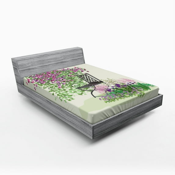 Ambesonne Summer Fitted Sheet, Flowers Blooming Garden, Full Size, Purple Green