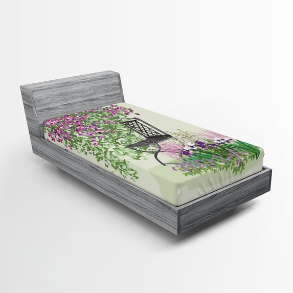 Ambesonne Summer Fitted Sheet, Flowers Blooming Garden, Twin XL Size, Purple Green