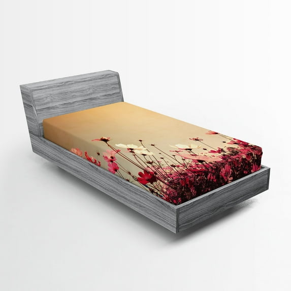 Ambesonne Summer Fitted Sheet, Garden Flowers Poppies, Twin Size, Pale Pink Khaki and Pink