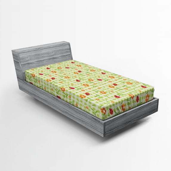 Ambesonne Summer Fitted Sheet, Ladybugs Flowers Leaves, Twin XL Size, Lime Green Orange Red