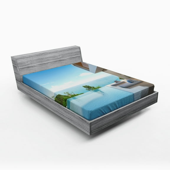 Ambesonne Summer Fitted Sheet, Minimalist Beach House, Full Size, Pale Brown Sky Blue