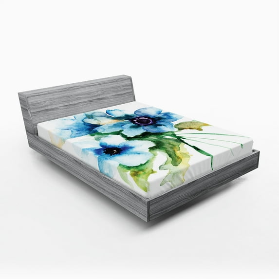 Ambesonne Summer Fitted Sheet, Nature Painting, Full Size, Teal Green White
