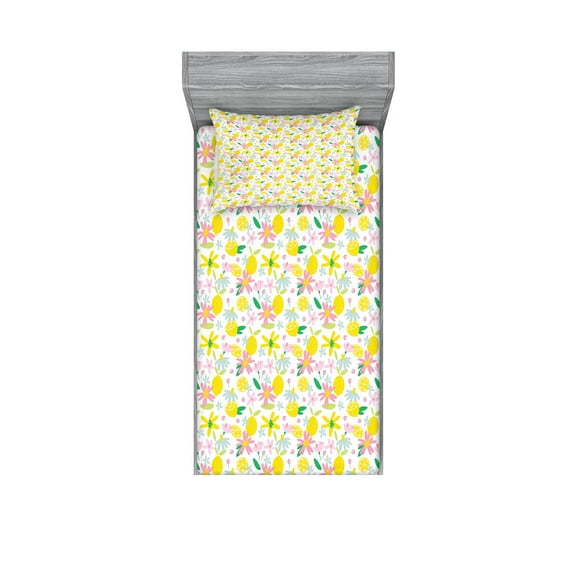 Ambesonne Summer Fitted Sheet & Pillow Sham Set, Flowers and Lemons, Twinxl, Multicolor