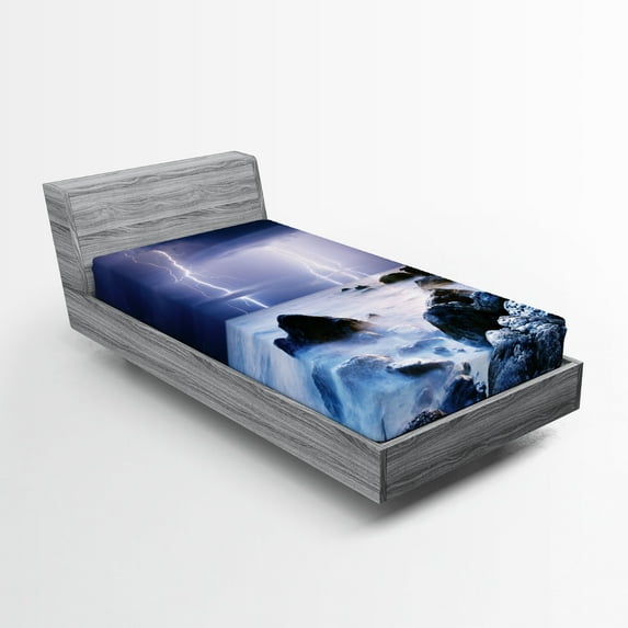 Ambesonne Summer Fitted Sheet, Rocky Coast Mystic Storm, Twin XL Size, Grey Purple