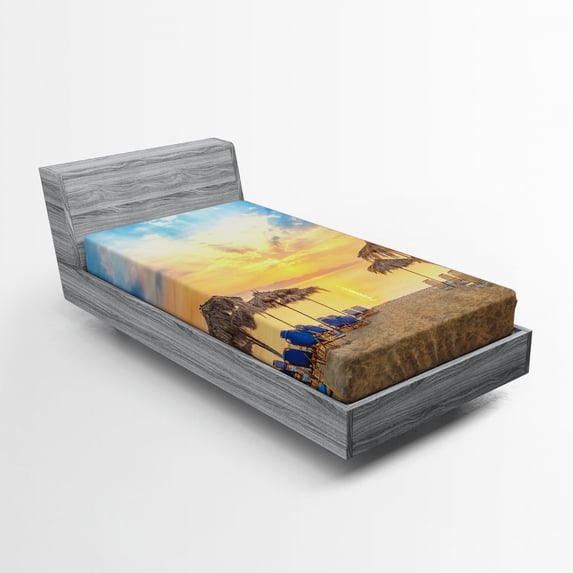 Ambesonne Summer Fitted Sheet, Sandy Beach with Sunrise, Twin XL Size, Tan Blue