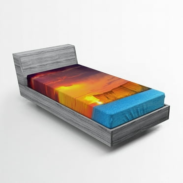 Ambesonne Summer Fitted Sheet, Sea Sunset with Cliffs, Twin Size, Yellow Purple Blue