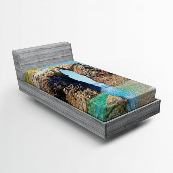 Ambesonne Summer Fitted Sheet, Spanish Seacoast Scenery, Twin Size, Blue Cream