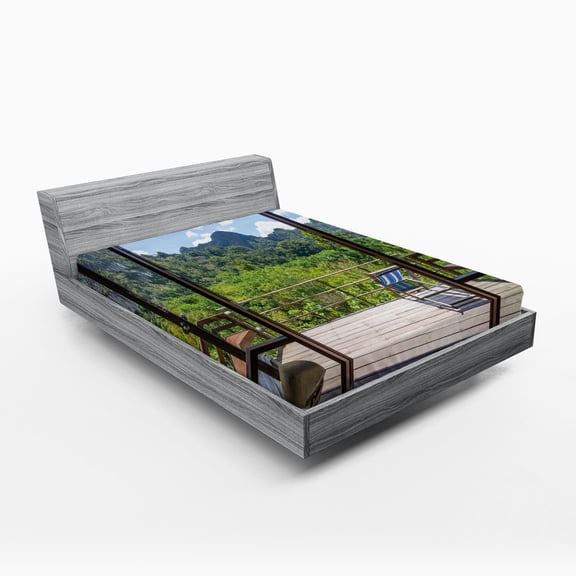 Ambesonne Summer Fitted Sheet, Sunny Day Mountain View, Queen Size, Pale Green Dark Green