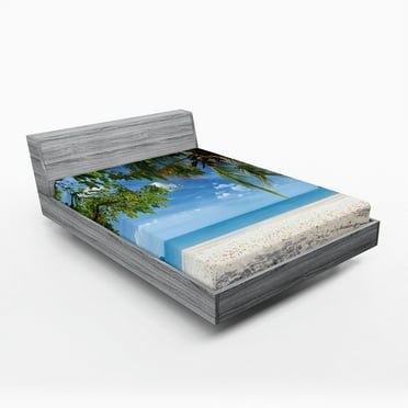 Ambesonne Summer Fitted Sheet, Tropical Beach Ocean, Full Size, Fern Green Sky Blue