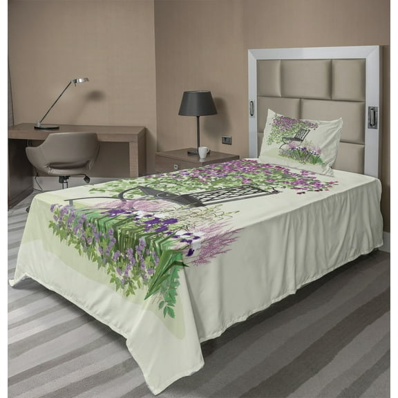Ambesonne Summer Fitted & Top Sheet Set with Sham, Flowers Blooming Garden, Purple Green
