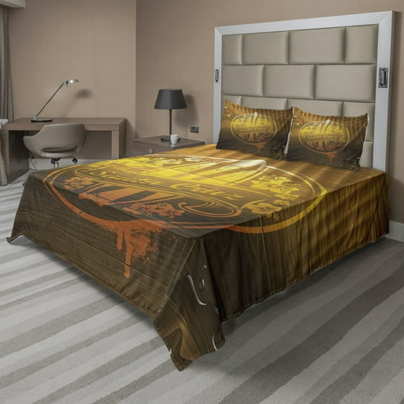 Ambesonne Summer Fitted & Top Sheet Set with Shams, Flowers Riding Waves, Brown Yellow Orange