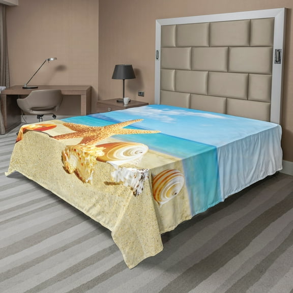 Ambesonne Summer Flat Sheet, Beach Sand with Starfish, King Size, Aqua Ivory Mustard