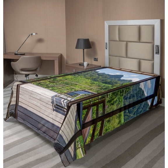 Ambesonne Summer Flat Sheet, Sunny Day Mountain View, Twin Size, Pale Green Dark Green