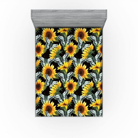Ambesonne Summer Floral Fitted Sheet, Vintage Sunflower Art, King Size, Jade Green Yellow Apricot