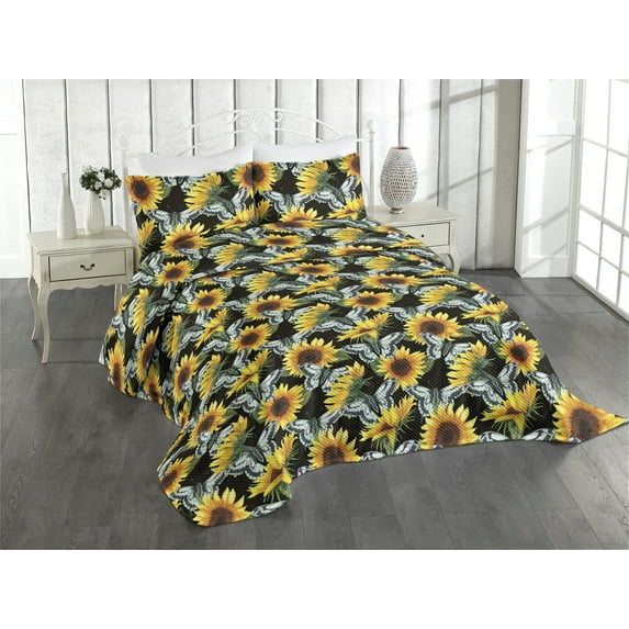Ambesonne Summer Floral Quilted Coverlet 3 Pcs, Vintage Sunflower Art, Queen Size, Jade Green Yellow Apricot