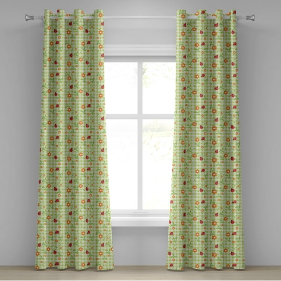 Ambesonne Summer Grommet Curtain, Ladybugs Flowers Leaves, 50" x 72", Lime Green Orange Red