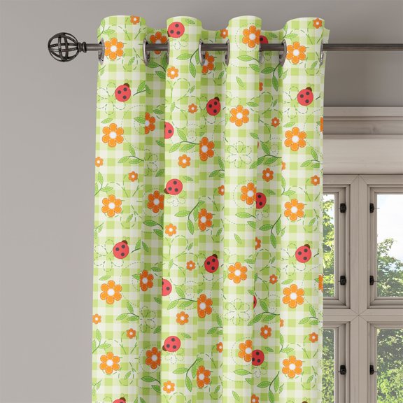 Ambesonne Summer Grommet Curtain Single Panel, Ladybugs Flowers Leaves, 50"x60", Lime Green Orange Red