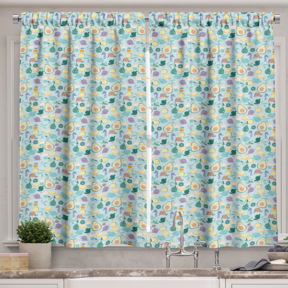 Ambesonne Summer Kitchen Curtains, Avocado Cactus Pear Seahorse, 55"x30", Marigold and Jade Green