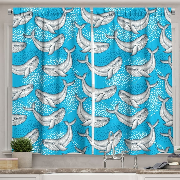 Ambesonne Summer Kitchen Curtains, Dotted Whale Sea Ocean, 55"x45", Blue Grey