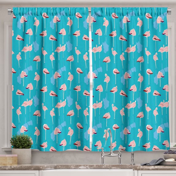 Ambesonne Summer Kitchen Curtains, Exotic Wildlife Flamingo, 55"x39", Dark Seafoam Blush